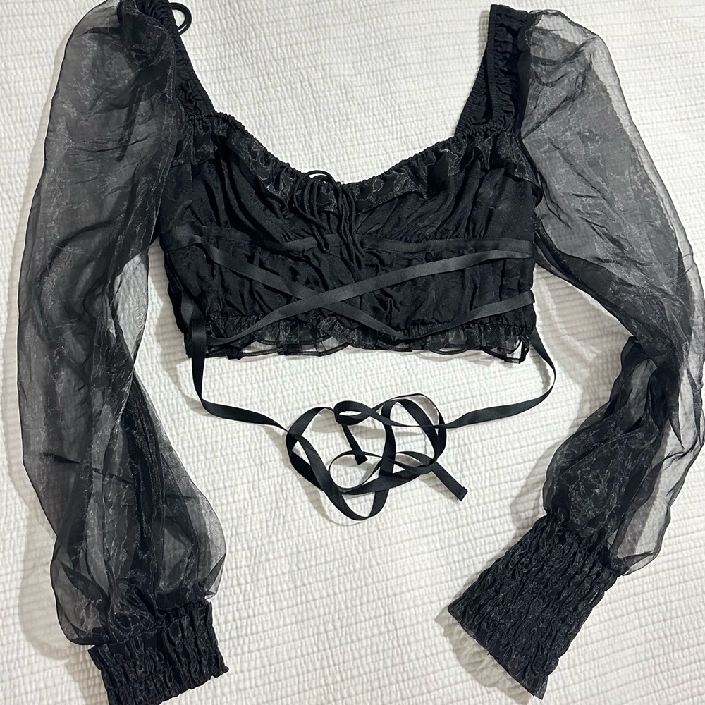 For Love & Lemons Top medium Womens Gabrielle black Crop Mesh Sleeve Corset